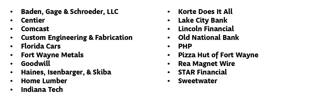 L4L Sponsors: 
Baden, Gage & Schroeder, LLC
Centier
Comcast
Custom Engineering & Fabrication
Florida Cars
Fort Wayne Metals
Goodwill
Haines, Isenbarger, & Skiba
Home Lumber
Indiana Tech
Korte Does It All
Lake City Bank
Lincoln Financial
Old National Bank
PHP
Pizza Hut of Fort Wayne
Rea Magnet Wire
STAR Financial
Sweetwater