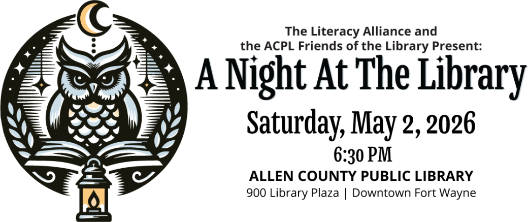Stylized owl perched above an open book with a lantern, framed by stars and a crescent moon. Text reads: "The Literacy Alliance and the ACPL Friends of the Library Present: A Night at the Library."